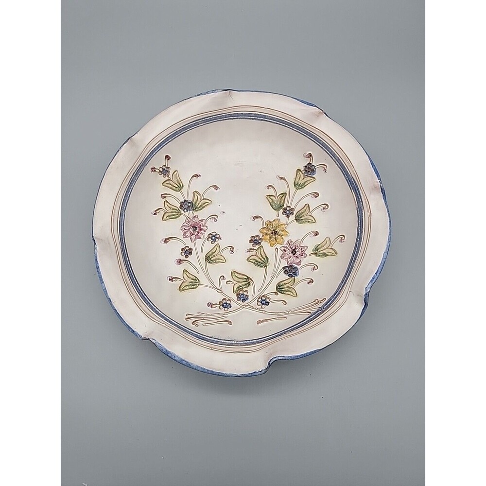 Vintage Hand Carved & Painted Floral Pottery Bowl Austria Wave Edge Unique